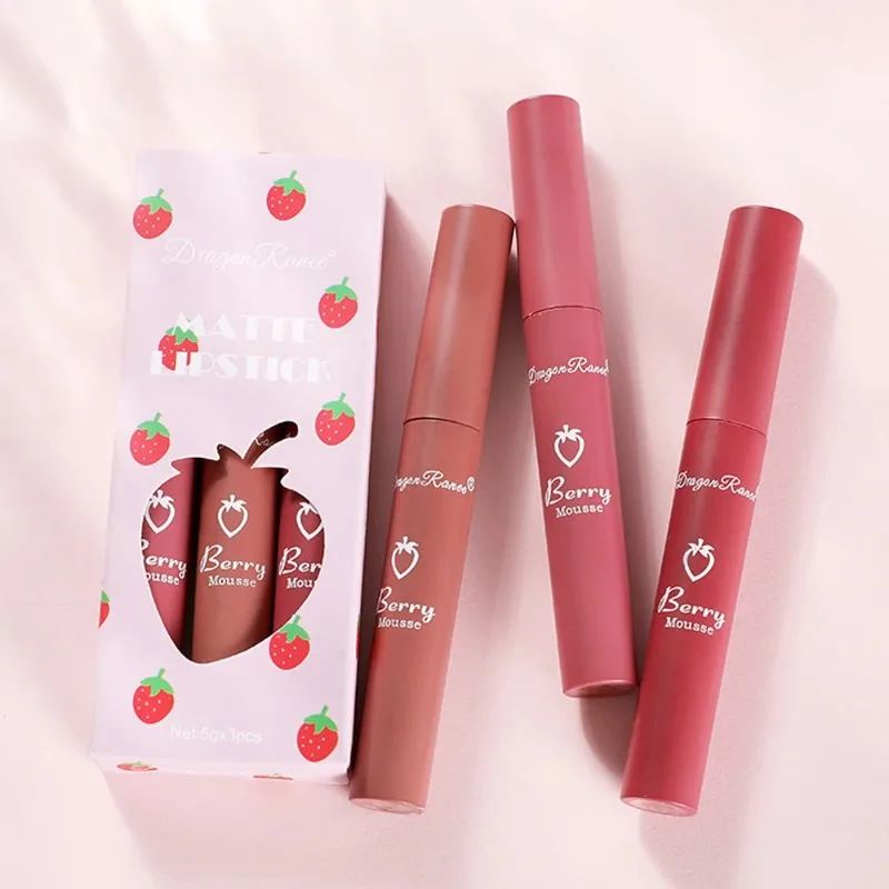 Set di smalti per labbra alla fragola da 3 pezzi Rossetto liquido opaco in velluto Rossetto Tazza antiaderente