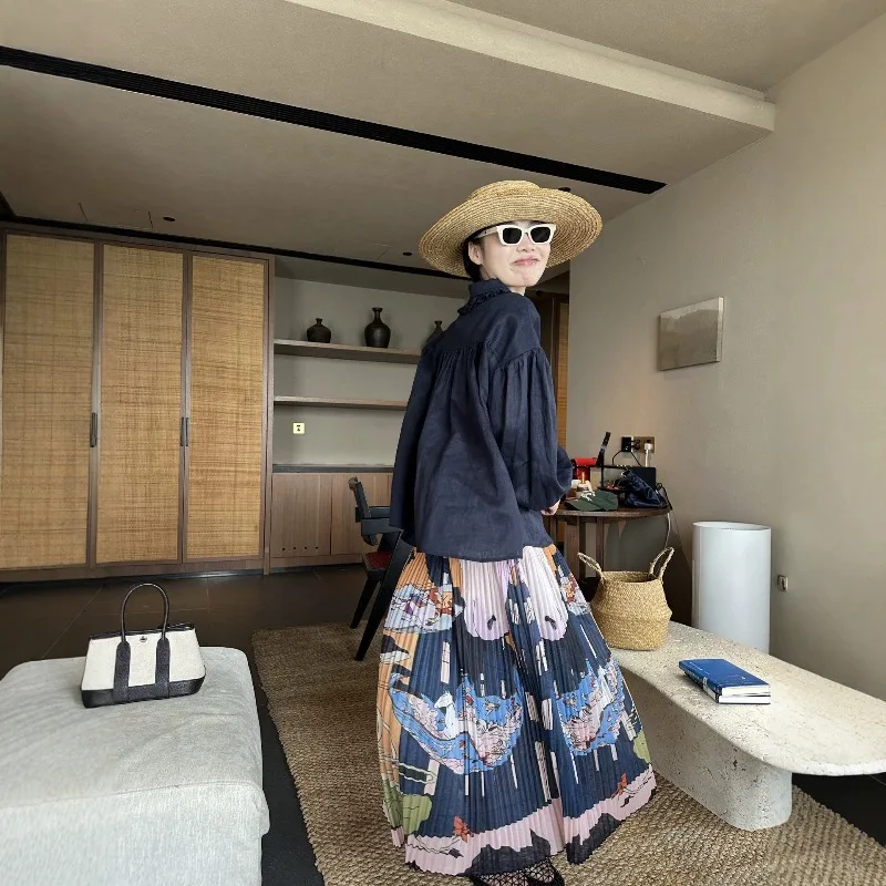 Miyake Pleated 2026 Skirt for Women Spring and Summer Abstract Print High Waist Elastic Mid-Length Pleated Accordion Skirt Pleat