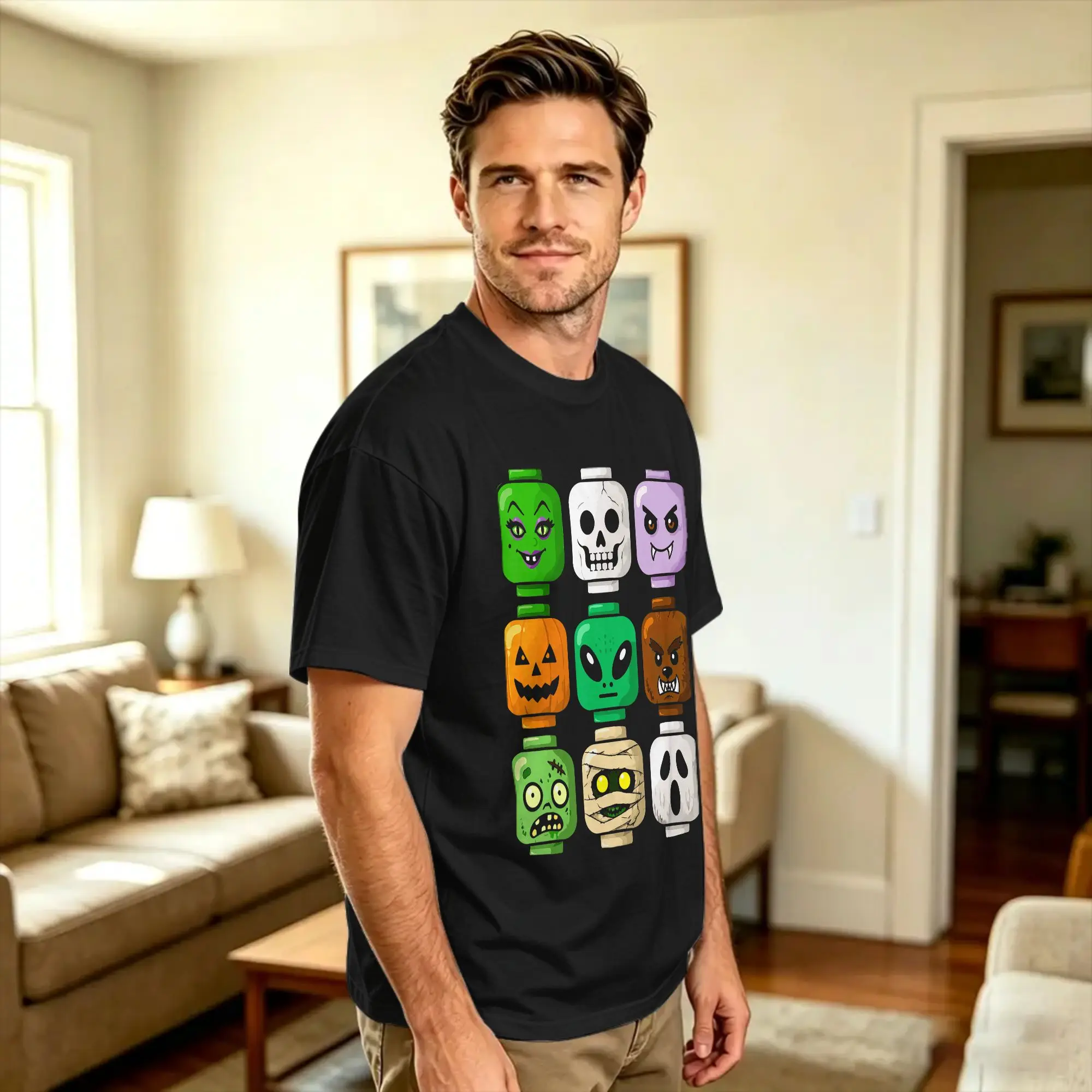 Halloween Building Brick Head Pumpkin Ghost Zombie Halloween T-Shirt Summer Y2K Funny T Shirts Cotton Hippie Tshirt For Men Tees
