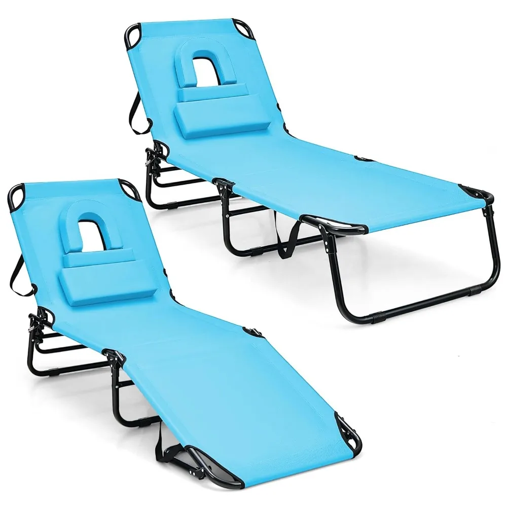 

Folding Beach Sun Lounger, Adjustable Outdoor Lounge Chair with Face Opening, Removable Pillow, Customizable