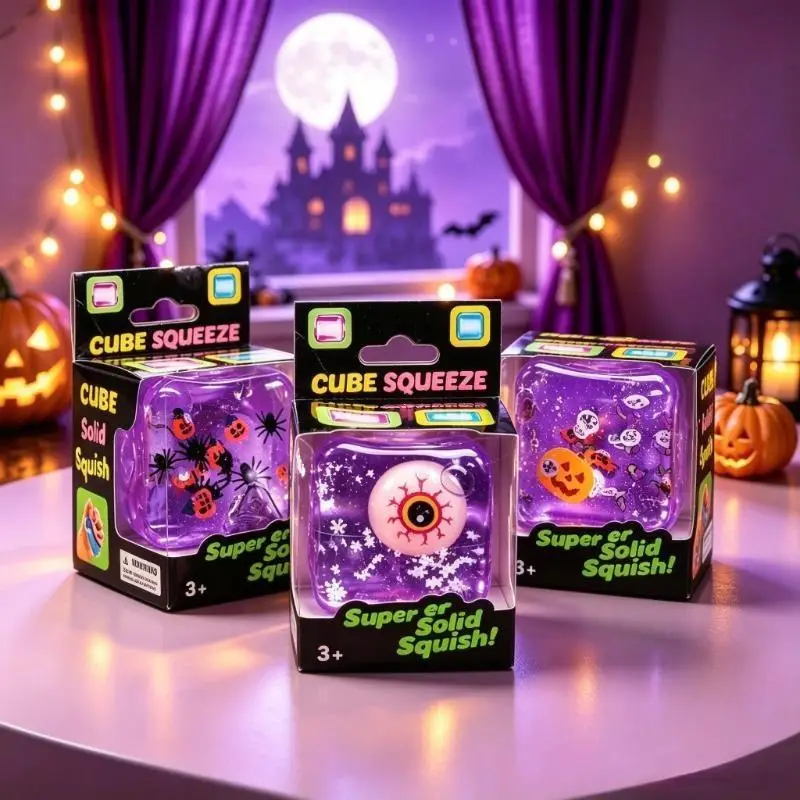 5 Pack Halloween Cube Squeeze Toys Soft Elastic Spooky Patterns For Party Favors Kids Stress Relief Gifts