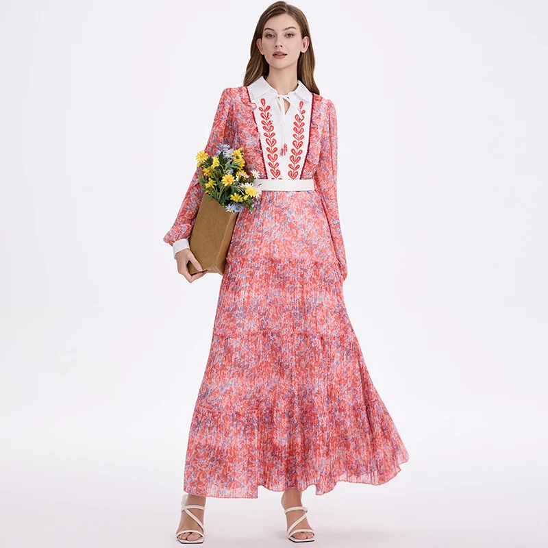2025 New Arrives Chiffon Long Sleeve Floral Print Holiday Dress Boho Women Beach Party Pink Maxi Dress Elegant Vestidos Robe