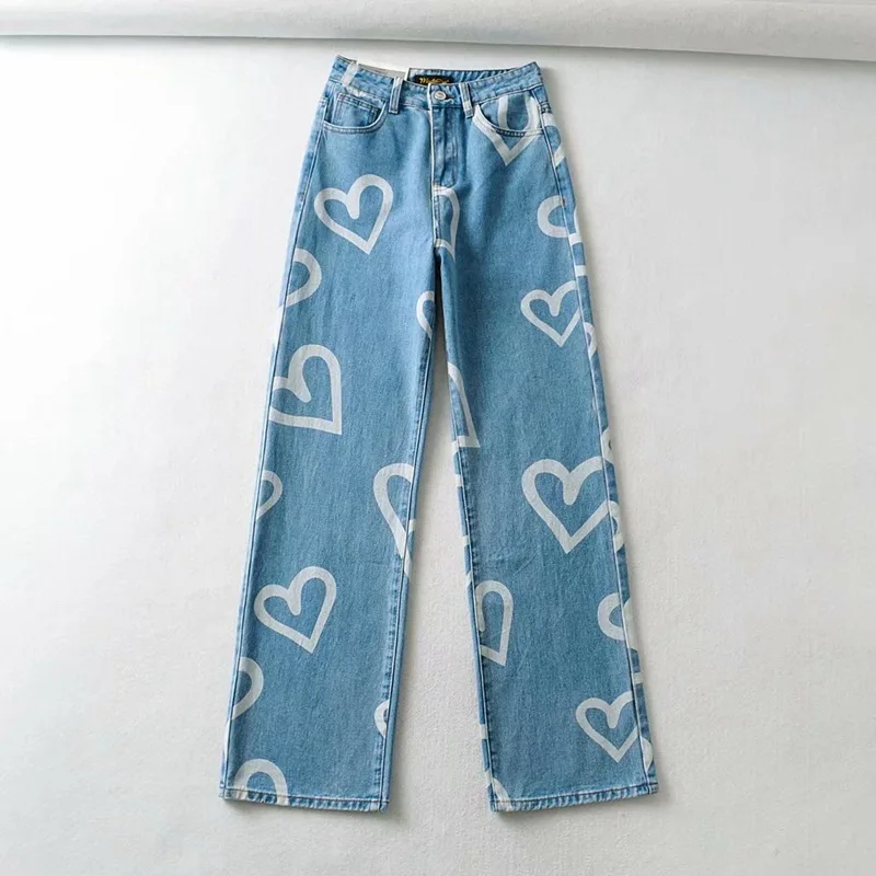 

American Heart Printed Jeans For Women High Waist Pocket Straight Trousers Casual Fashion Retro Streetwear Blue Denim Pants