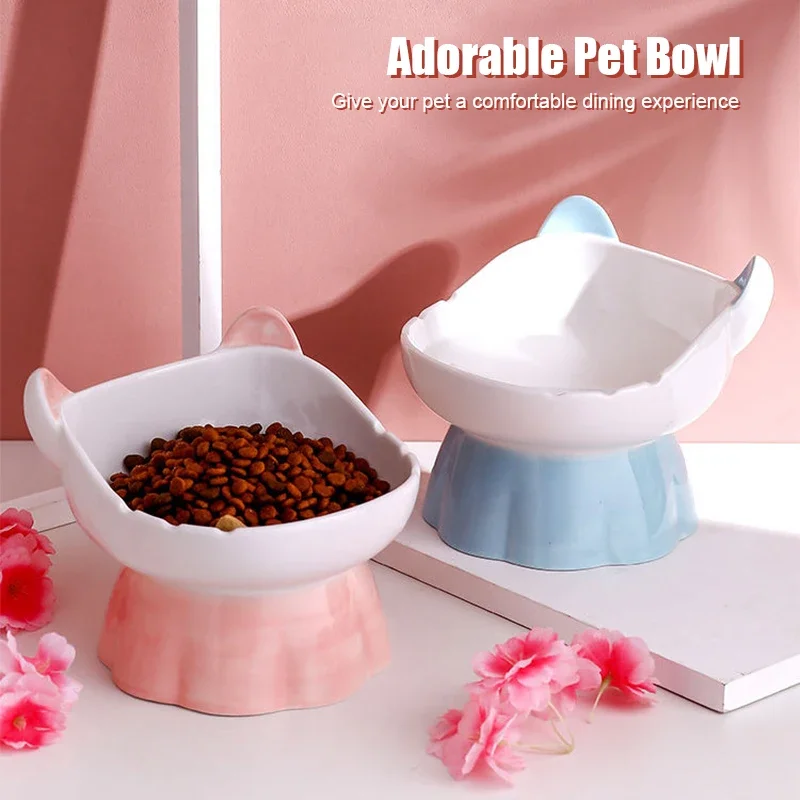 

New Ceramic Cat Bowl Protects Cervical Vertebra from Overturning, Oblique Opening High Foot Food Bowl Pet Supplies