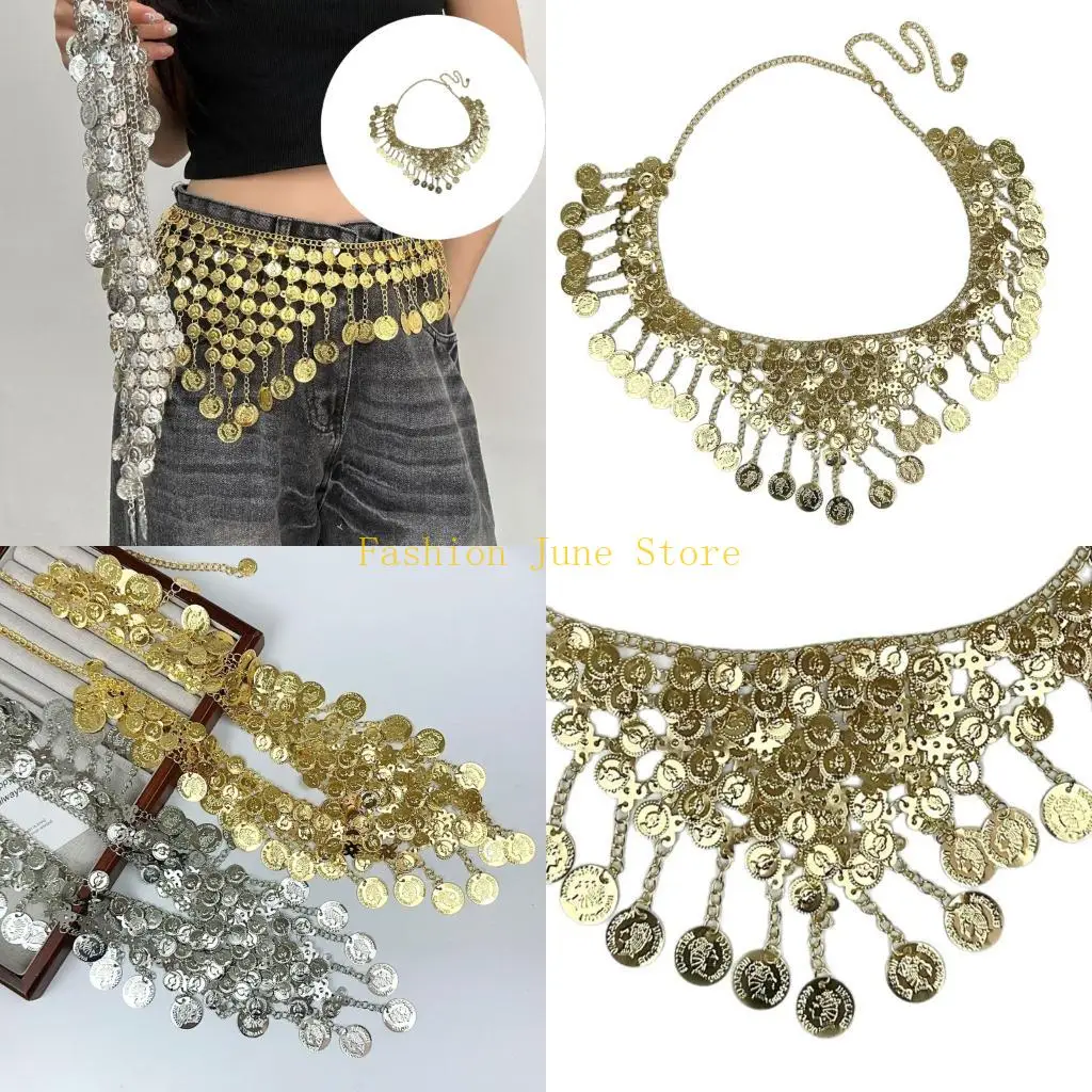 N5KA Delicate Metal Waist Chain With Sparkling Sequins And Elegant Fringe Trim