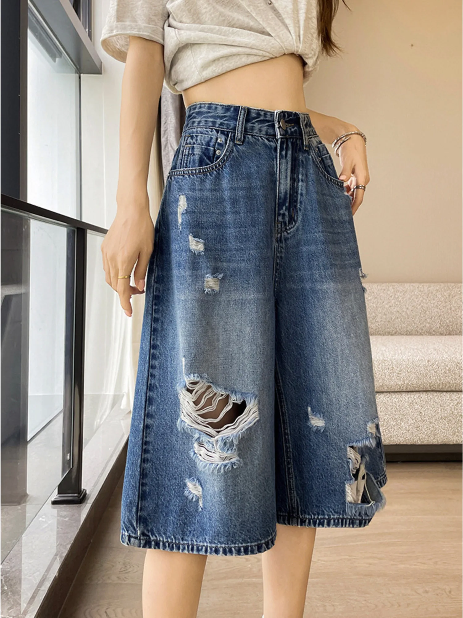 Women‘s High Waist Ripped Denim Capri Jeans Vintage Washed Baggy Wide Leg Length Jorts Y2K Summer Streetwear 2026 Casual Pants view 6