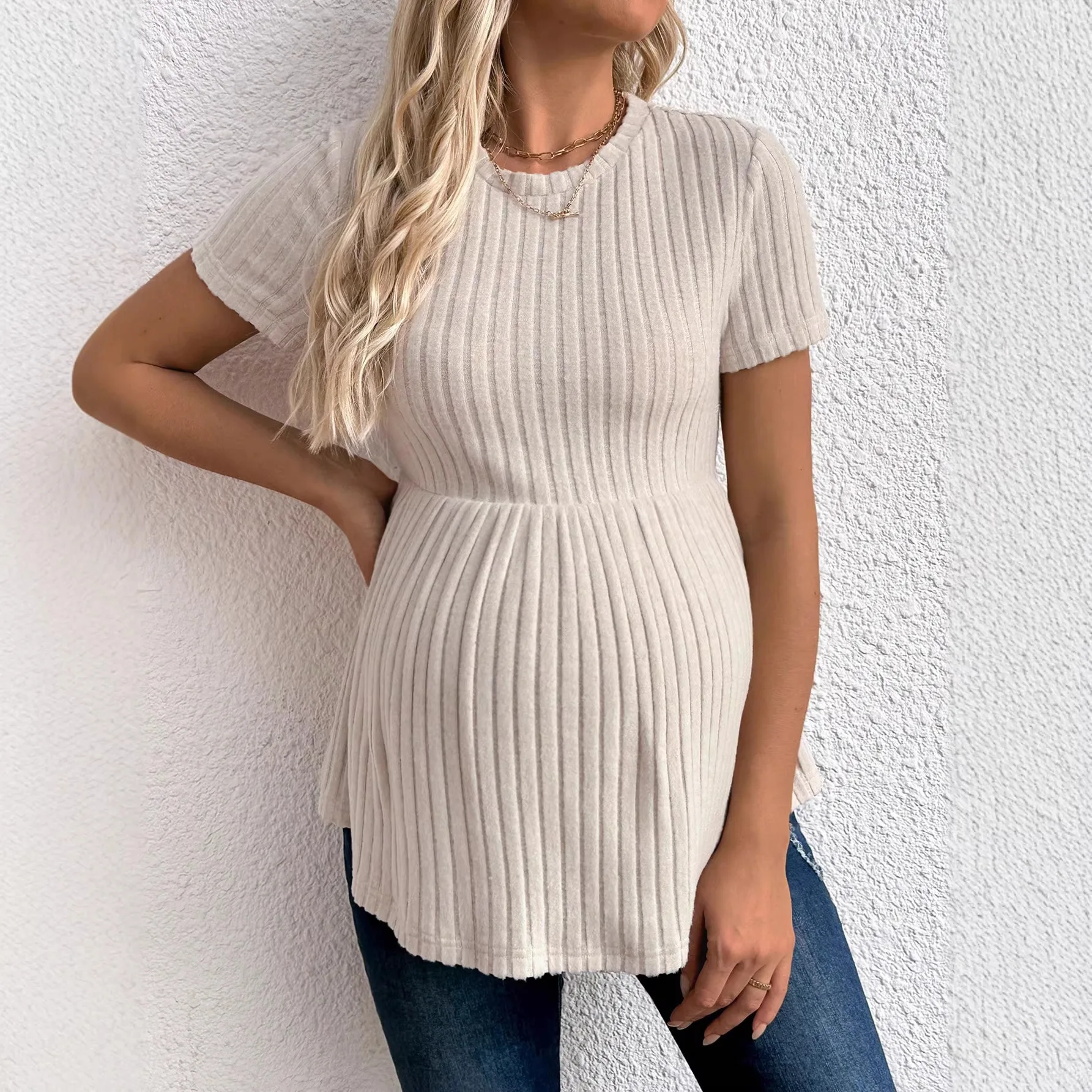 

Одежда для беременных: трикотажный пуловер с круглым вырезом, футболка с коротким рукавом, одежда для беременных