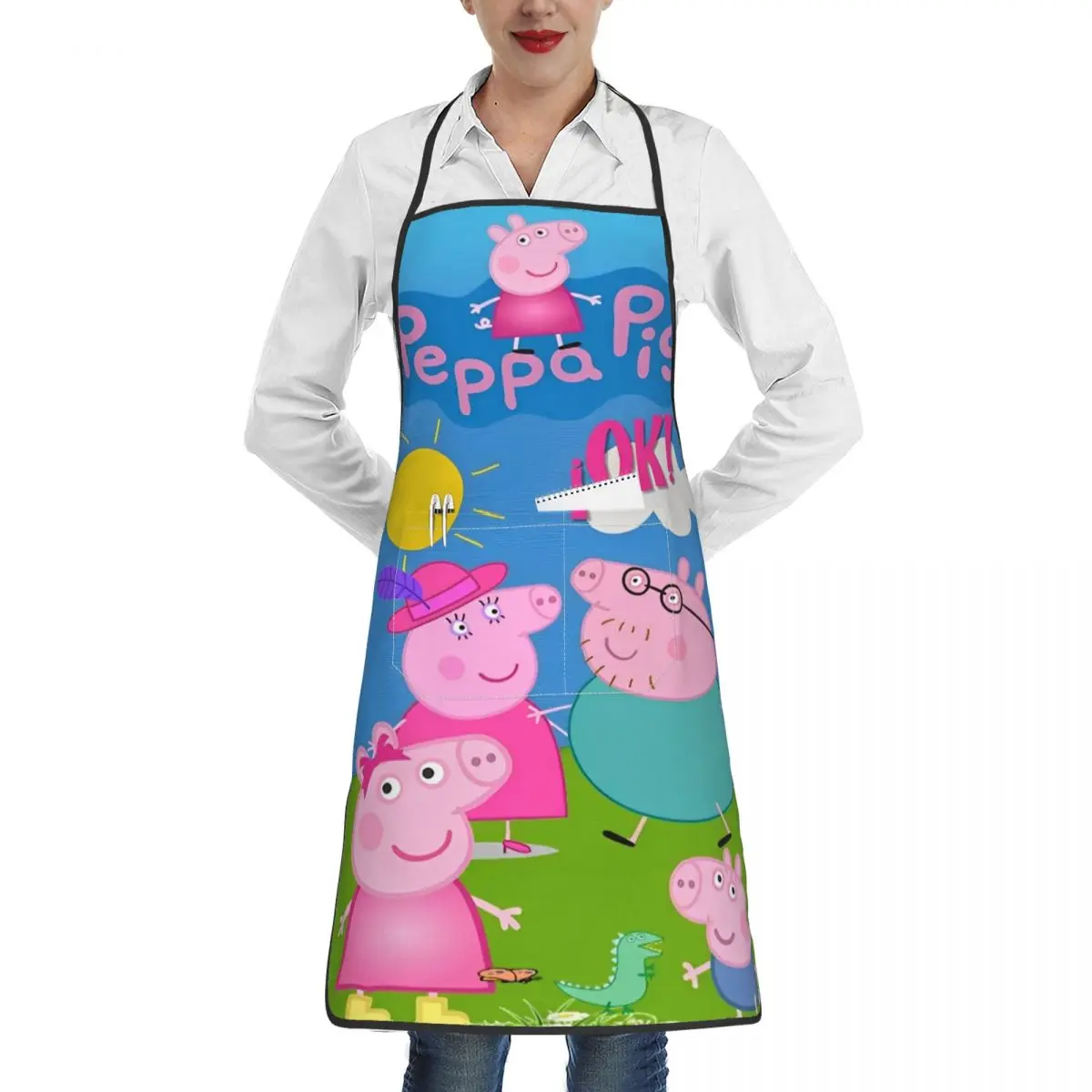 Peppa Pig Family Cartoon Chef Apron with Pocket for Men Women Chef Cooking BBQ Grilling Aprons Oil Proof Adjustable Tie