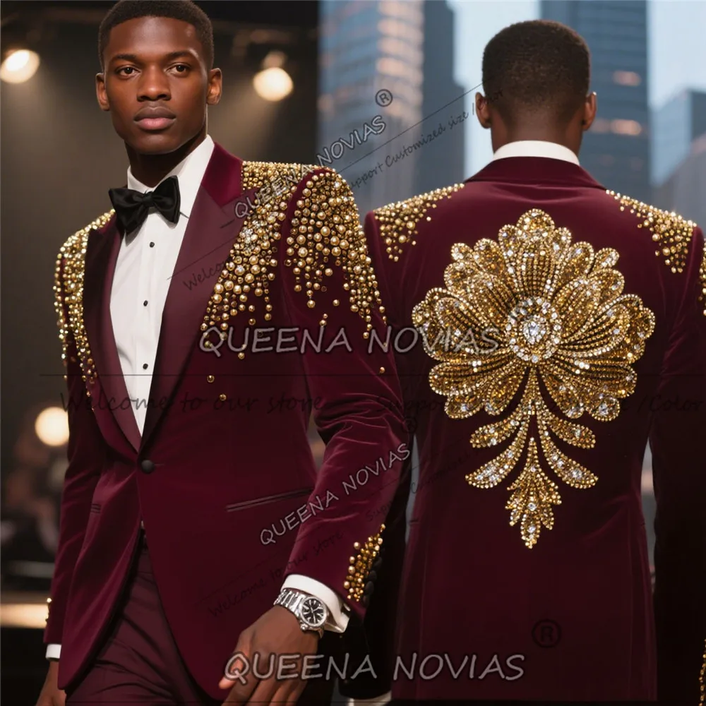 

Мужской костюм из 2 предметов: пиджак и брюки, облегающий крой, с бисером и золотистыми жемчужинами, однобортный, для жениха, свадебный смокинг, индивидуальный пошив