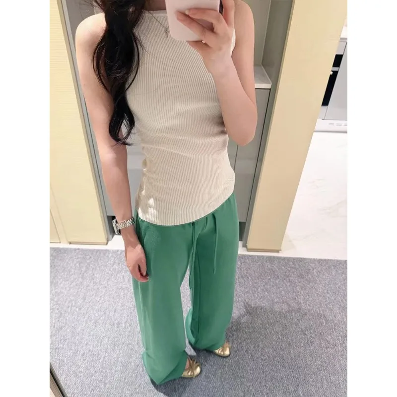 Autumn Casual Sports Sweatpants Retro Green Low Waist Straight Leg Loose Wide Leg Capris Chic Drape Floor Length Pants