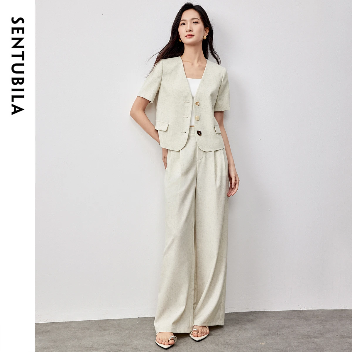 

SENTUBILA Linen Blend Women's Pant Sets 2025 Spring Summer Formal Crop Spliced Button Blazer Folds Straight-leg Pants 152Z58613