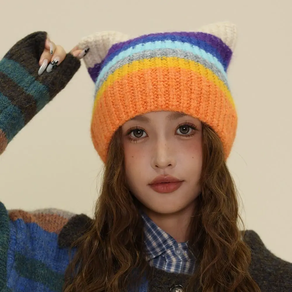 Stylish Rainbow Striped Knitted Beanie Hat 55-59cm Head Circumference Daily Use Warm Winter Skull Cap Soft Stretchy Beanie Girls