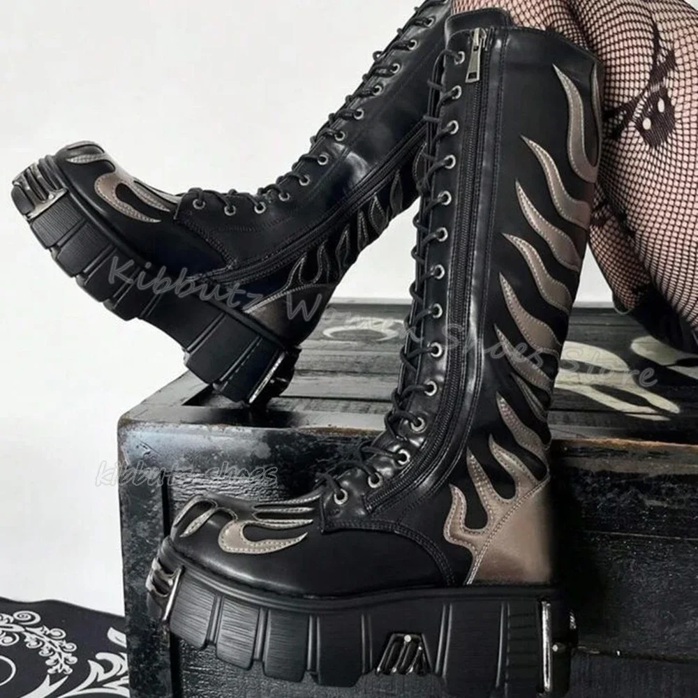 

Flames Knee High Boots Platform Punk Rock Gothic Thick Bottom Zippers Mixed Color Genuine Leather Women Shoes Newest Round Toe