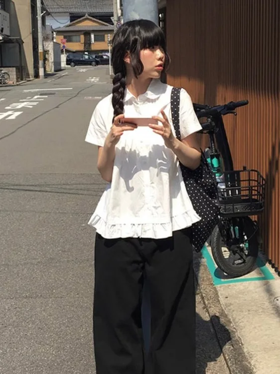 

Корейский молодежный топ Gurly Gurly с рюшами и вставками, свободные широкие джинсовые брюки, женская одежда