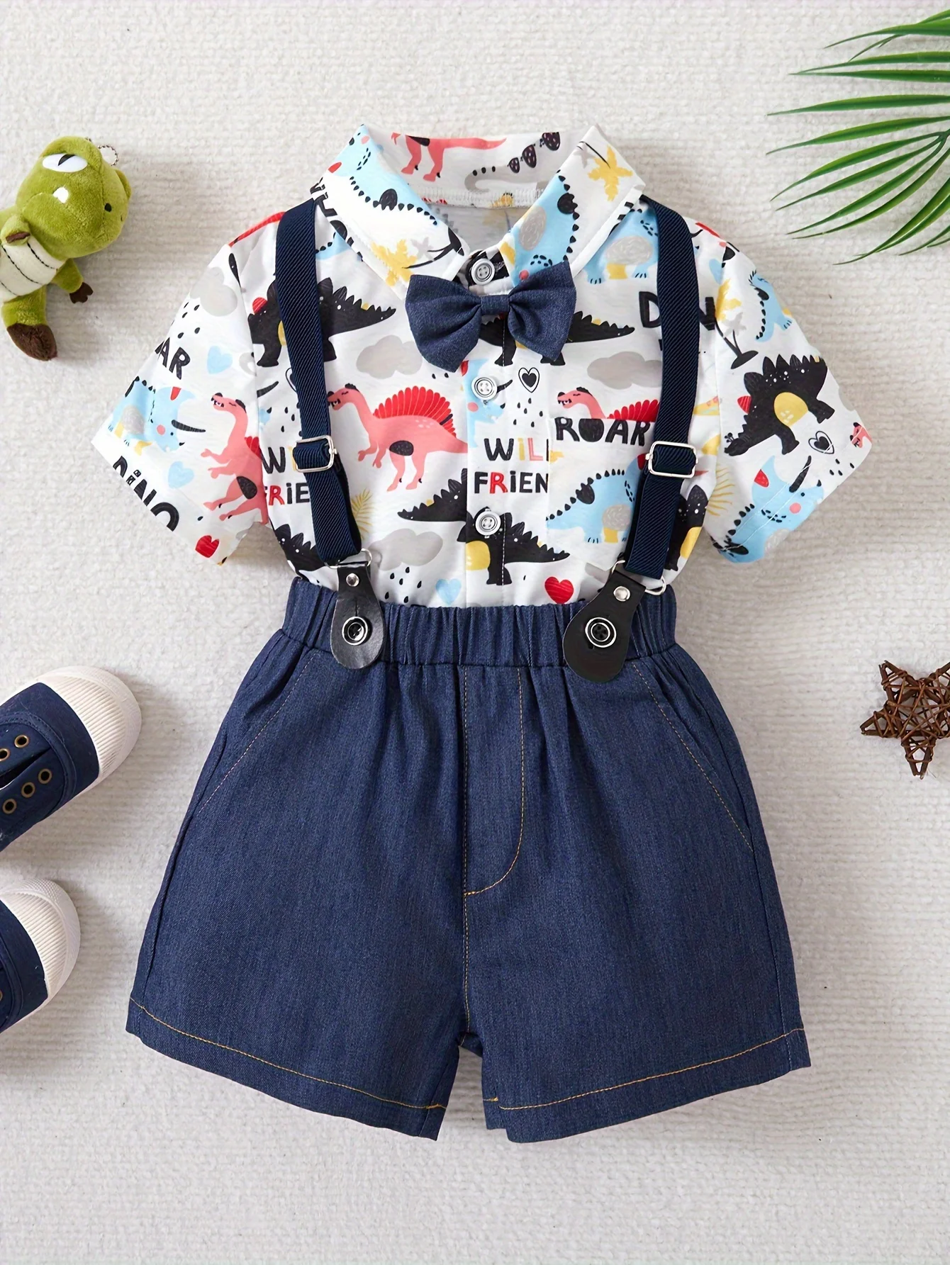 Boys cute dinosaur printed gentleman bow short sleeved shirt+shoulder strap denim shorts set, children\'s party casual gentlemanl