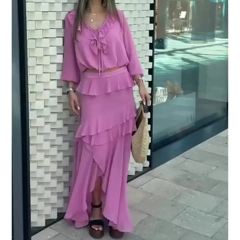 

Women's Clothing 2025 Autumn New Pink Ruffle Edge Split Skirt Set Sweet Vacation Two-piece Set