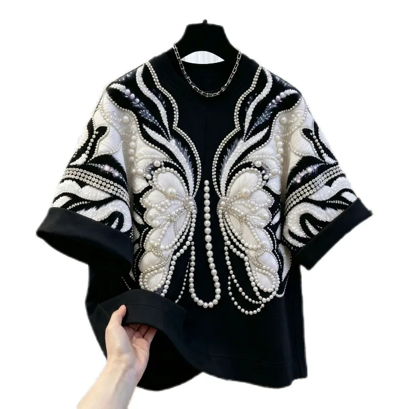 Summer Trends New Bead Butterfly Embroidery Loose Extra Large 150kg T-Shirt Lazy Fashion Men's Women's Short Sleeve Top Trends