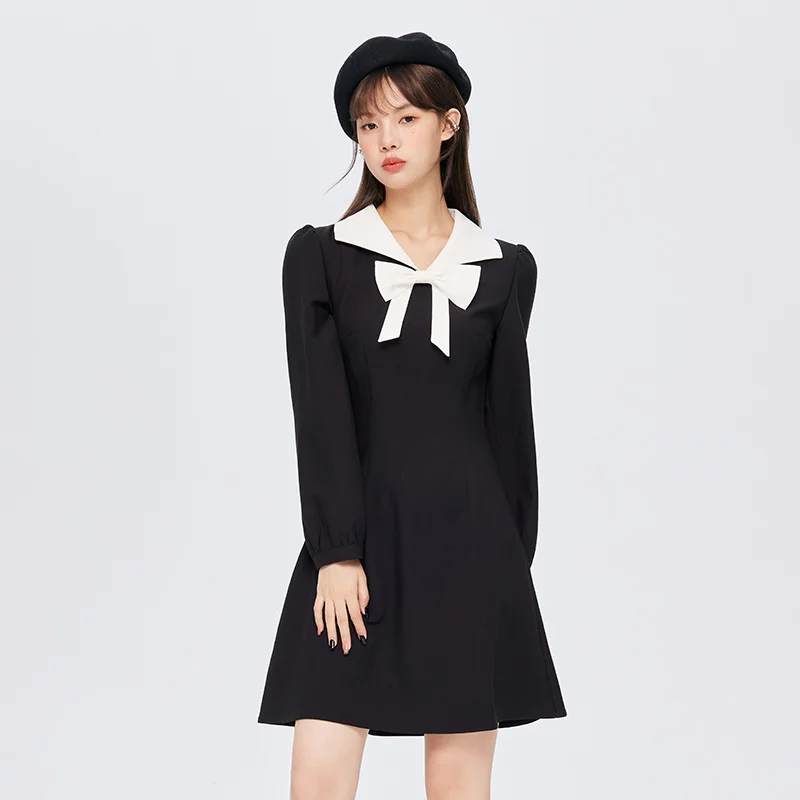 Semir Dress Women  Autumn Winter Bowknot 2023 Winter New Sweet Color Contrast Versatile Fashion Little Black Dress