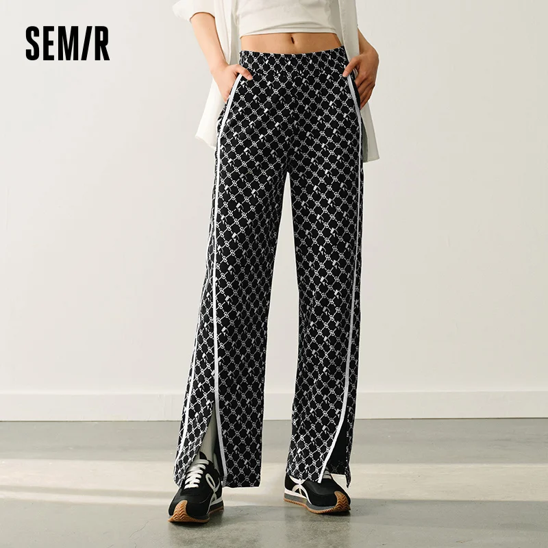 Semir Casual Trousers Women Color-blocking Split Wide-leg Trousers  Spring Elastic Waist Long Trousers Vintage Sporty Style