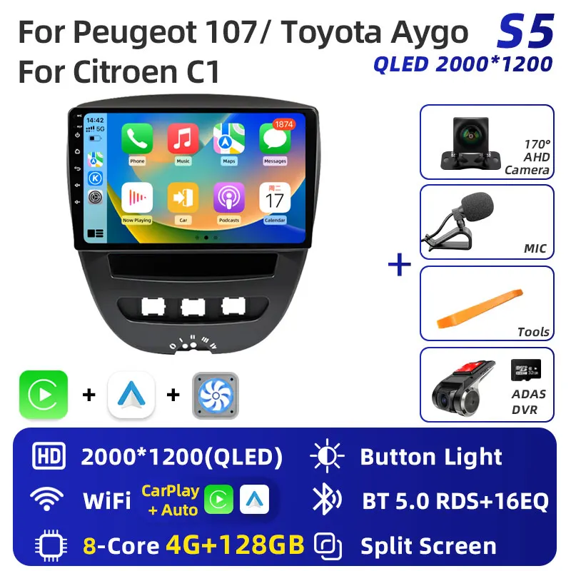 Android 16 2 Din Auto Multimedia Speler Voor Peugeot 107 Toyota Aygo Citroen C1 2005-2014 Head Unit Stereo GPS navigatie BT WIFI - afbeelding 1