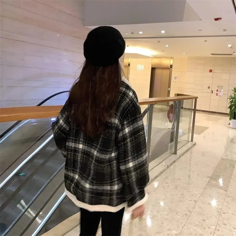 2023 Winter New Festive Small Plaid Jacket With Plush and Thick Patchwork Versatile Long Sleeved Loose Fitting Women's Coat For