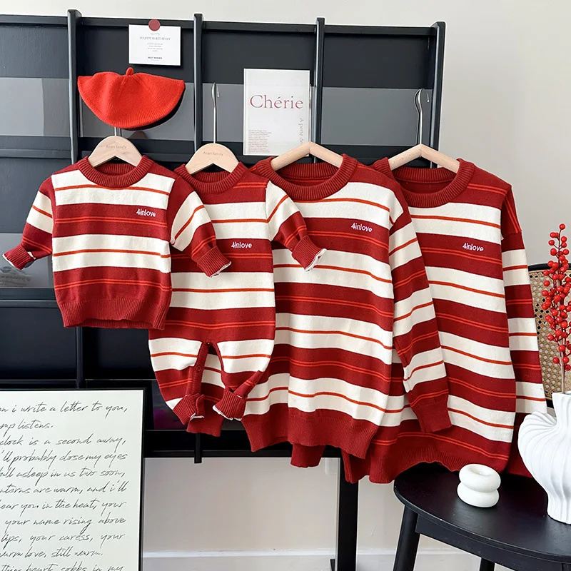 Autumn Family Matching Sweater Red White Stripe Knitwear Tops Mom Dad and Baby Girls Boys New Year Fashion Casual Clothes