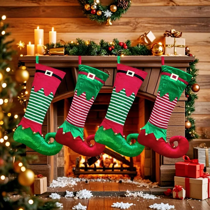 New Christmas Elf Stocking With Bell, Xmas Tree Hanging Ornament, Holiday Gift Home Decoration