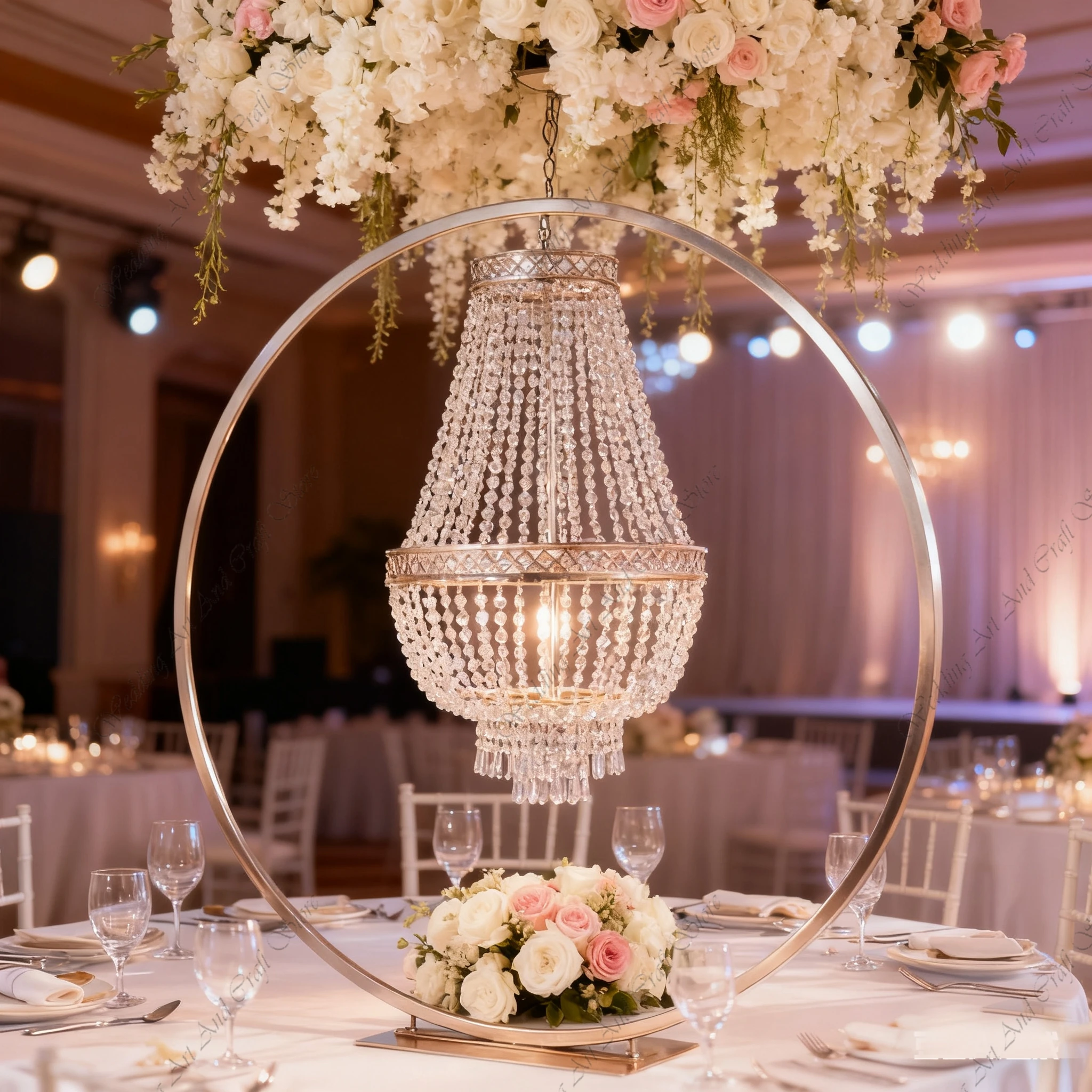 4pcs f30 1M Wedding Table Gold Metal Round Centerpiece Flower Stands With Crystal Pendant Chandeliers Table Decoration ivy325