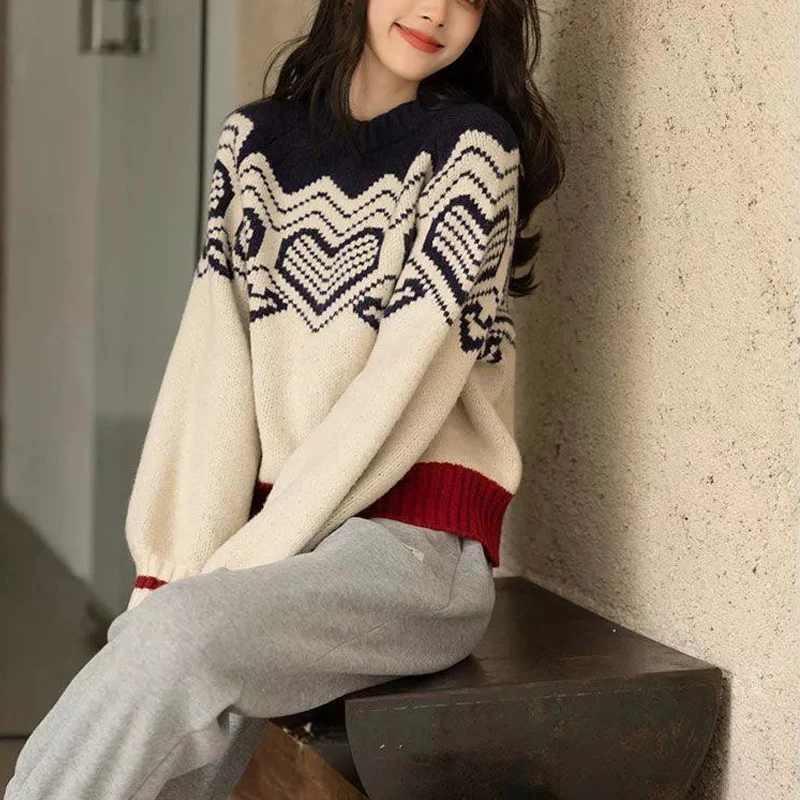 Korean Love Pattern Kawaii Sweet Chic Streetwear Knitted Sweaters Women Autumn Winter Casual Loose Long Sleeve Pullovers Jumpers