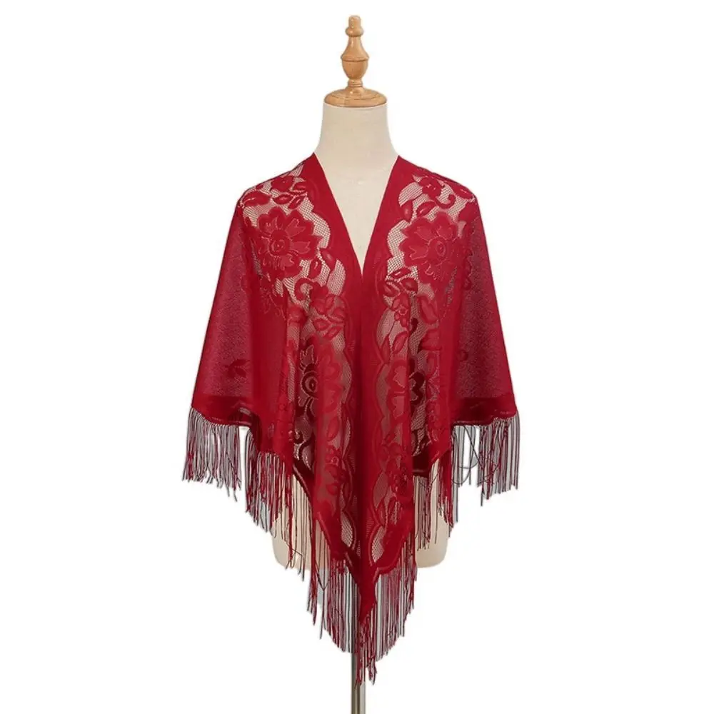 

Transparent Lace Flower Tassel Scarf Mesh Yarn Cheongsam Shawl Triangle Neck Scarves Korean Style Head Scarf