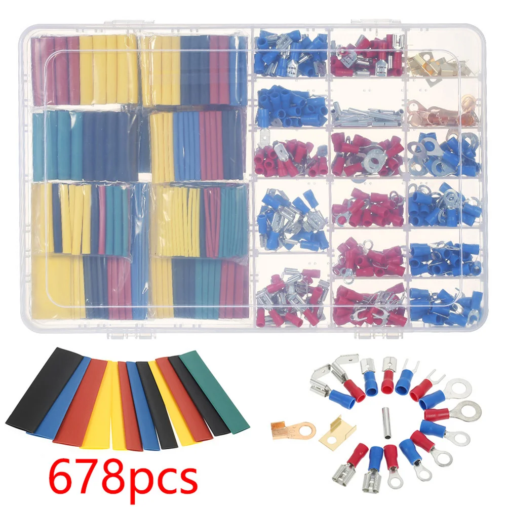Automotive Crimp Terminal Kit 678PCS Featuring Multiple Connector Types and Heat Shrink Tubing for Professional Electrical Work