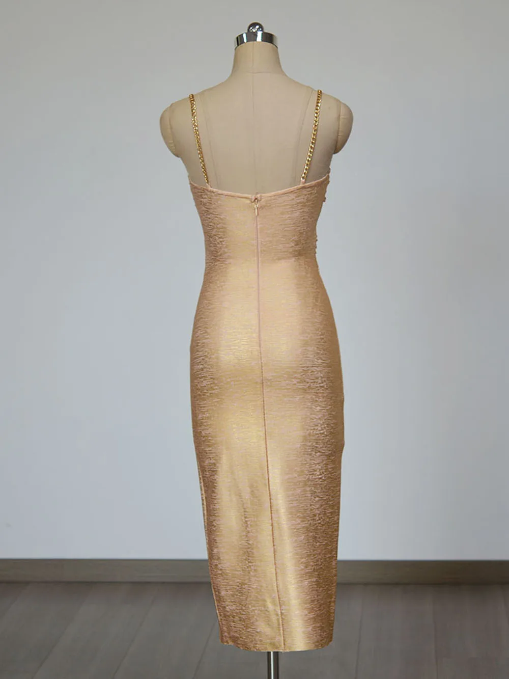 Modphy Ladies Hollow Out Beaded Spaghetti Strap Backless Celebrity Party Club Hot Pressed Golden Print Sexy Midi Bandage Dress image 6