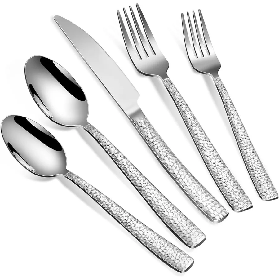 

20Piece Silverware Set Silver Hammered Stainless Steel Flatware Sets for 4 FoodGrade Tableware Set Including Fork Knife Spoon S