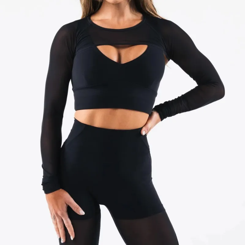 Autumn and Winter New Long Sleeved with Chest Cushion Mesh Sportswear Top, Sports and Fitness Clothing, Sexy Women