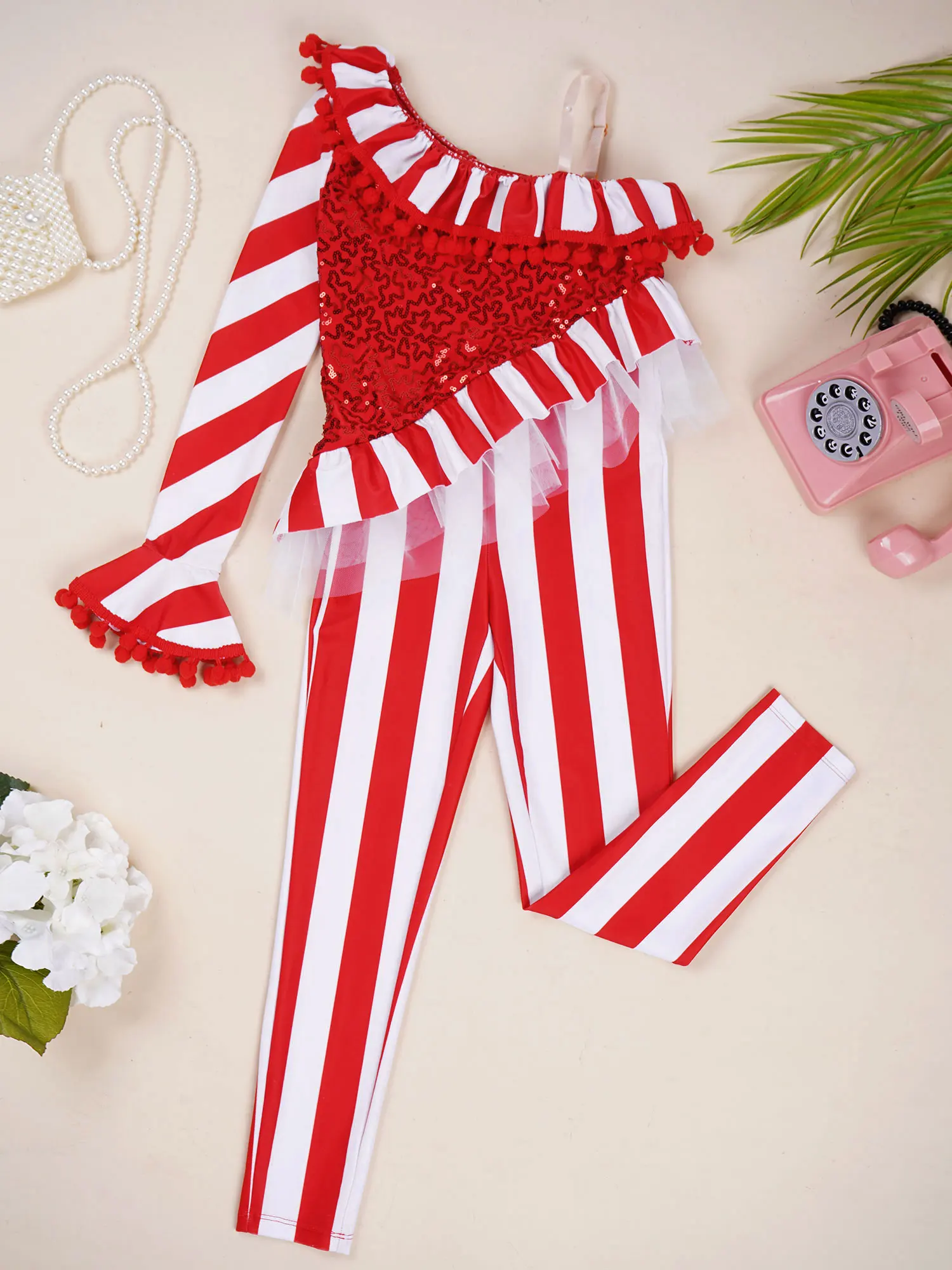 Kids Girls Ruffle Pom Pom Trim Bodysuit Sequin Bodice Stripe Jumpsuit Ballroom Dance Stage Costume Christmas Festival Clothing