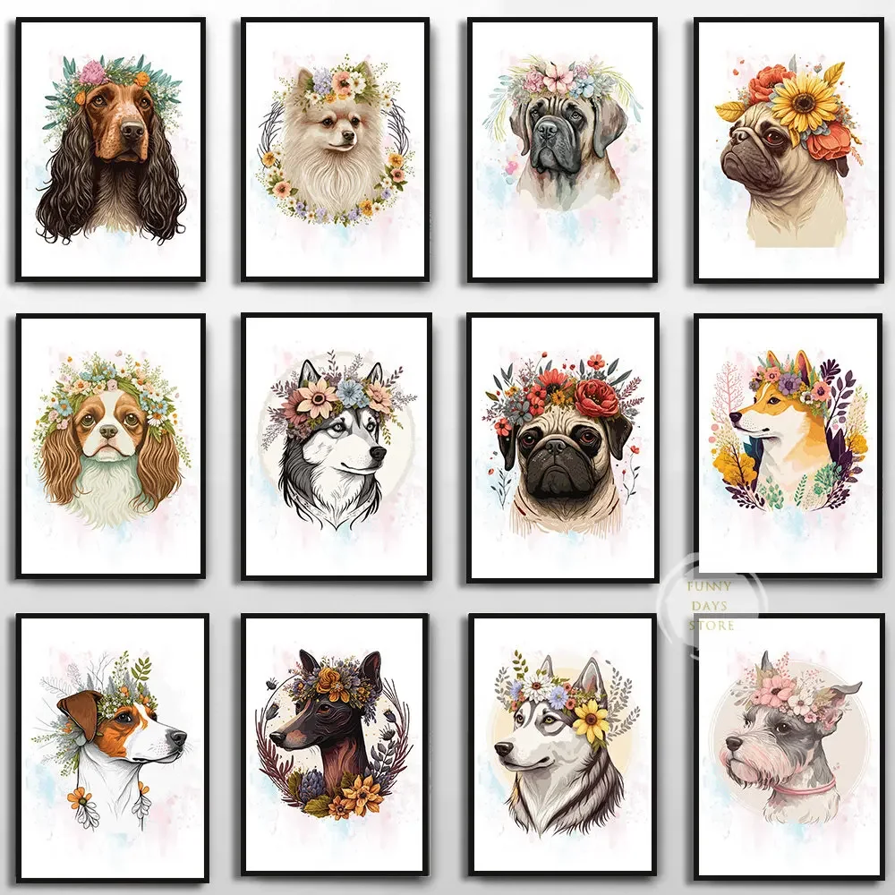 1pc frameless Canvas Painting  Watercolor Art Flower Dogs Poster  Husky Rottweiler Dog Pug Dog French Bulldog Canvas Painting fo