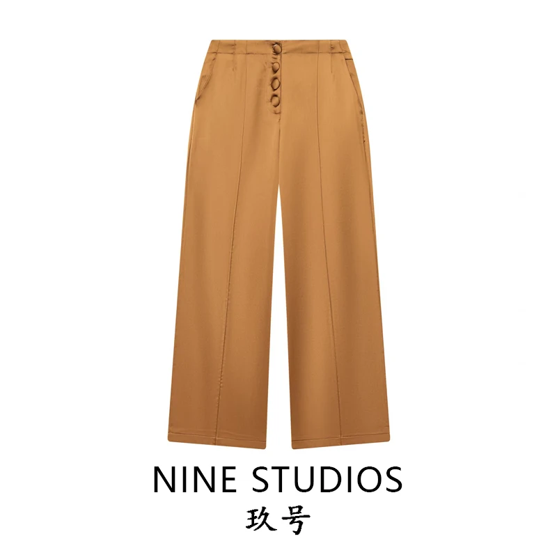 بنطلون نسائي غير رسمي عالي الخصر وواسع الساق من NINE ZAR مزين بأزرار من الساتان متعدد الاستخدامات بنطال مستقيم من ألياف البوليستر #1