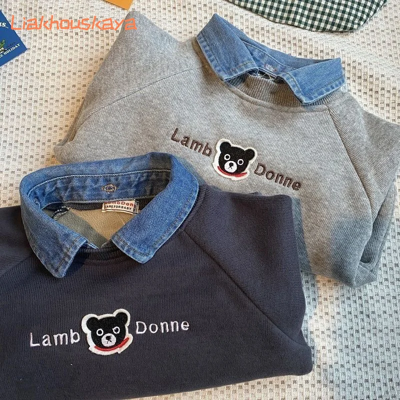 80-120cm Boys' Polo Shirts Coats Kids Fake 2-Piece Lapel Sweatshirt New Spring Long Sleeve T-Shirt Trendy Baby Boy Tops 0-2Y
