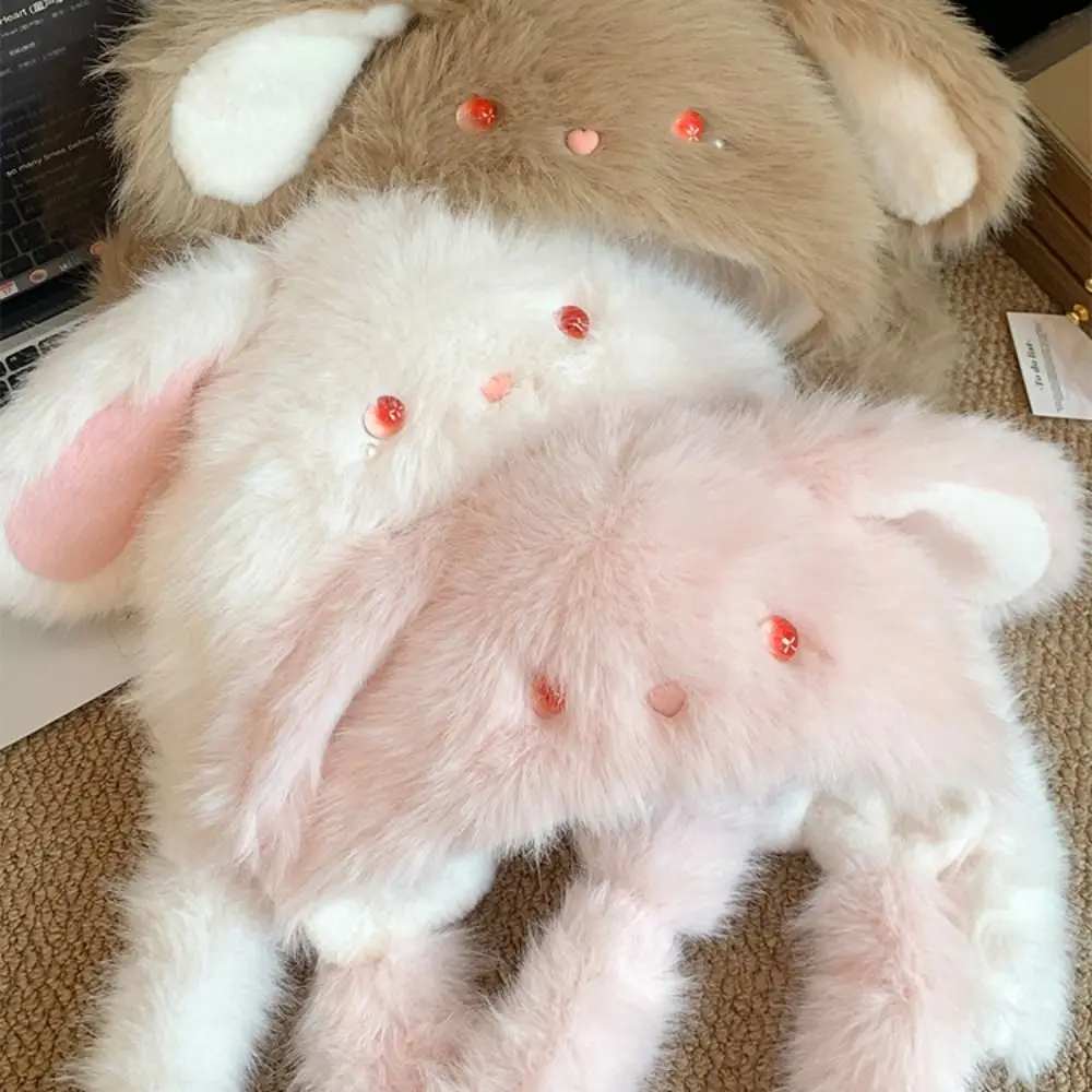 

Зимняя плюшевая шапка с защитой от холода, маленькие кроличьи уши, теплая шапка с кроличьими ушками, однотонная пушистая защитная шапка с рисунком из мультфильма