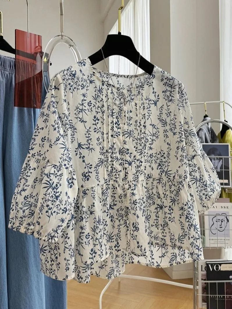 Women Floral Print Blouse Korean Fashion Casual Loose Tops 2024 Summer Round Neck Holiday Style Shirts