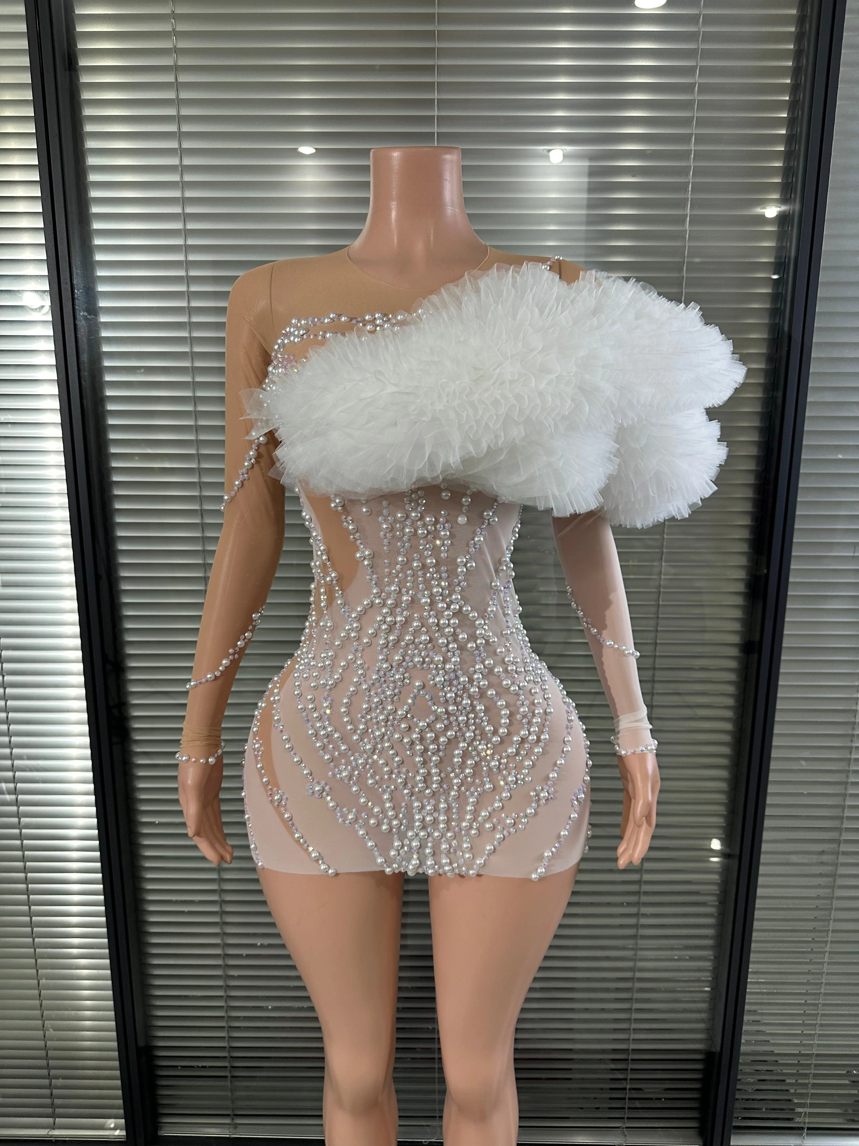 

Women 2026 Sexy Sheer Mesh Pearl Rhinestone Embellished Bodycon Party Costume Refined Luxurious White Skinny Mini Dress