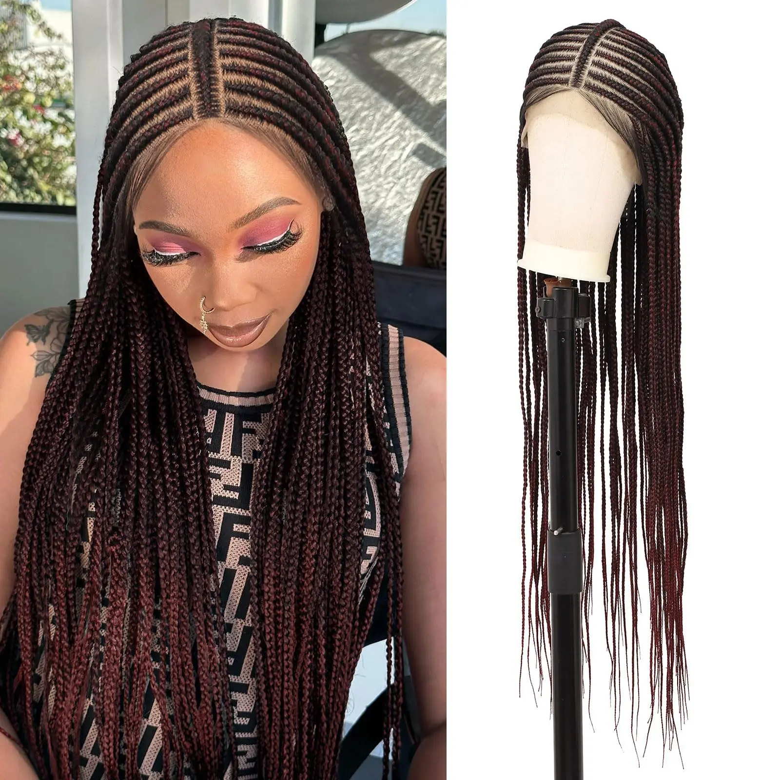 32 بوصة كورنو شعر مستعار مضفر للنساء السود Knotless صندوق الضفائر شعر مستعار دانتيل كامل الجزء الأوسط الطبيعي العميق شعر مستعار اصطناعي مضفر