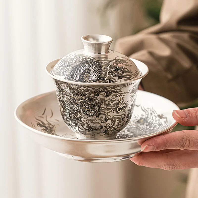 Dragon Play Pearl 999 Pure Silver Porcelain Body Gilded Silver Three Talent Cover Bowl Single High end Chinese Tea Set