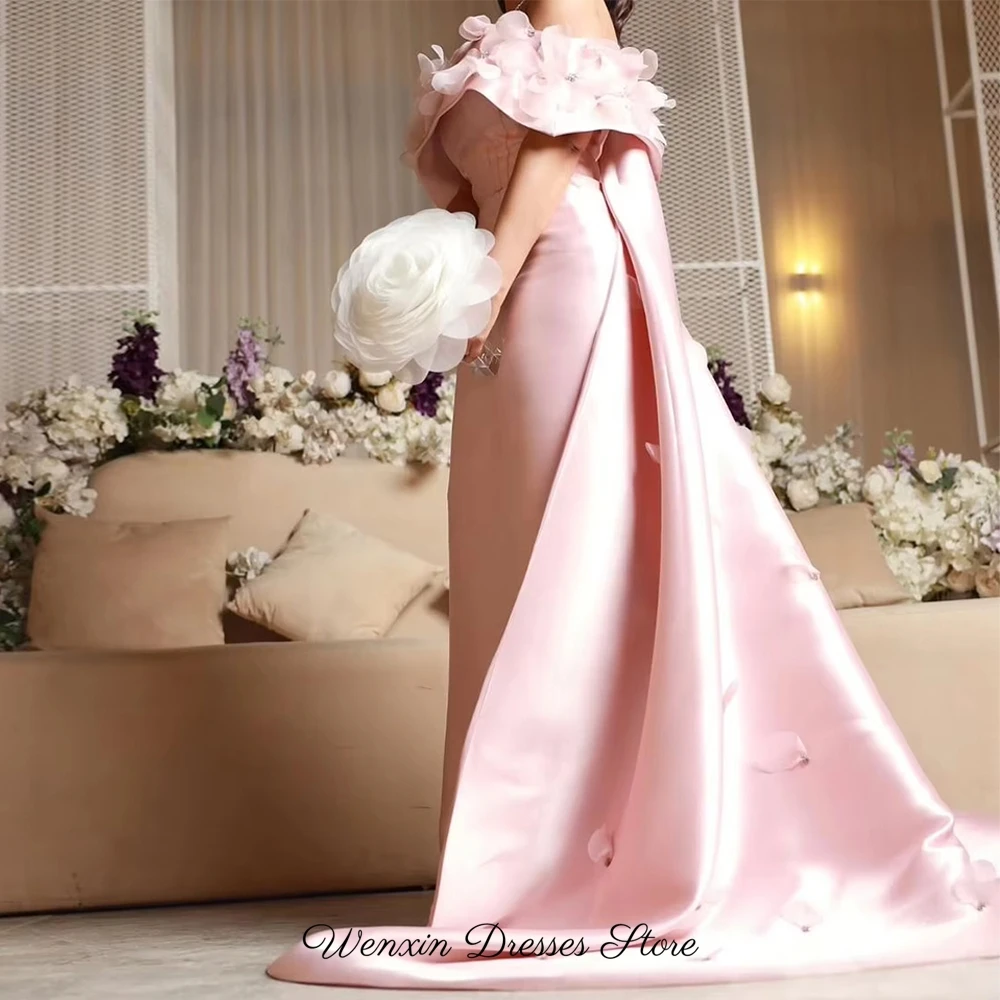 Fashion 3D Flowers Evening Dresses Elegant Off the Shoulder Pink Satin Customized Celebrity Gowns Special Occasion Gowns