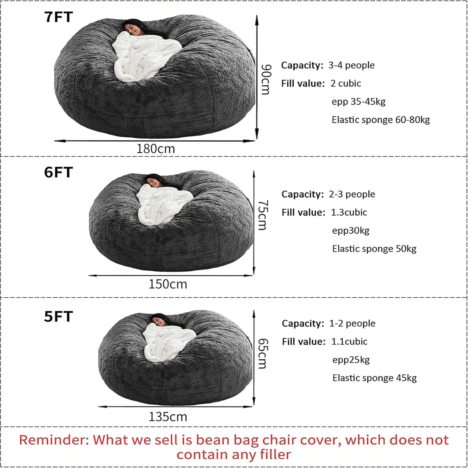 Bean Bag Chair for Adults Kids Without Filling Comfy Fluffy Giant Round Lazy Sofa Cover for Reading Floor