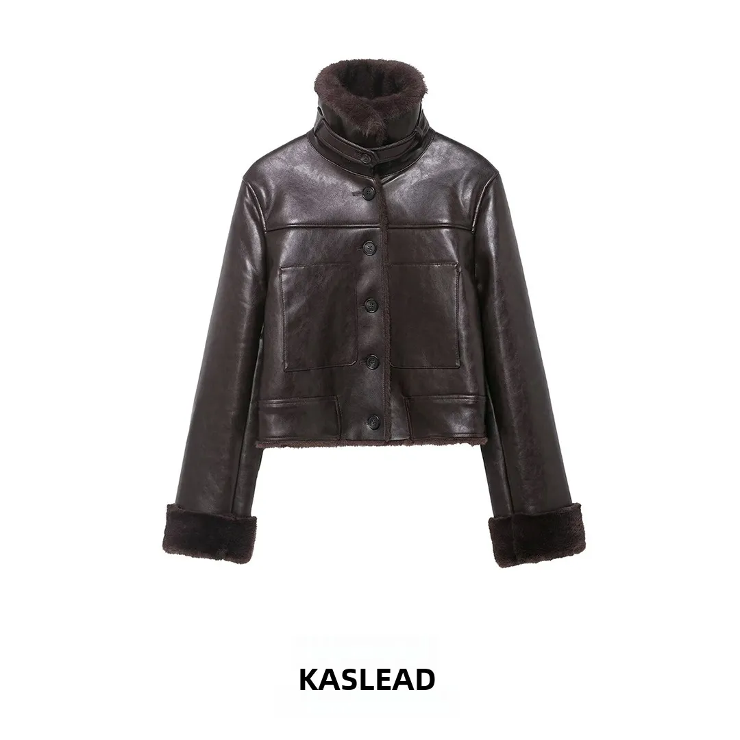 Faionable على الوجهين الفراء الاصطناعي Jaet المرأة ملابس خارجية KASLEAD جديد Sle طويل Sve زر إغلاق ألياف البوليستر #1