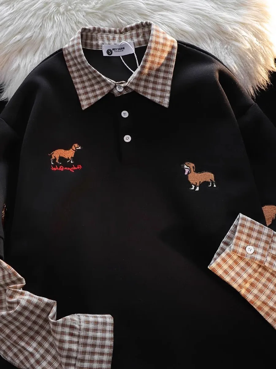 

Мужская свободная толстовка в американском ретро-стиле с клетчатым пэчворком и воротником, новинка весна-осень, универсальный топ для пар