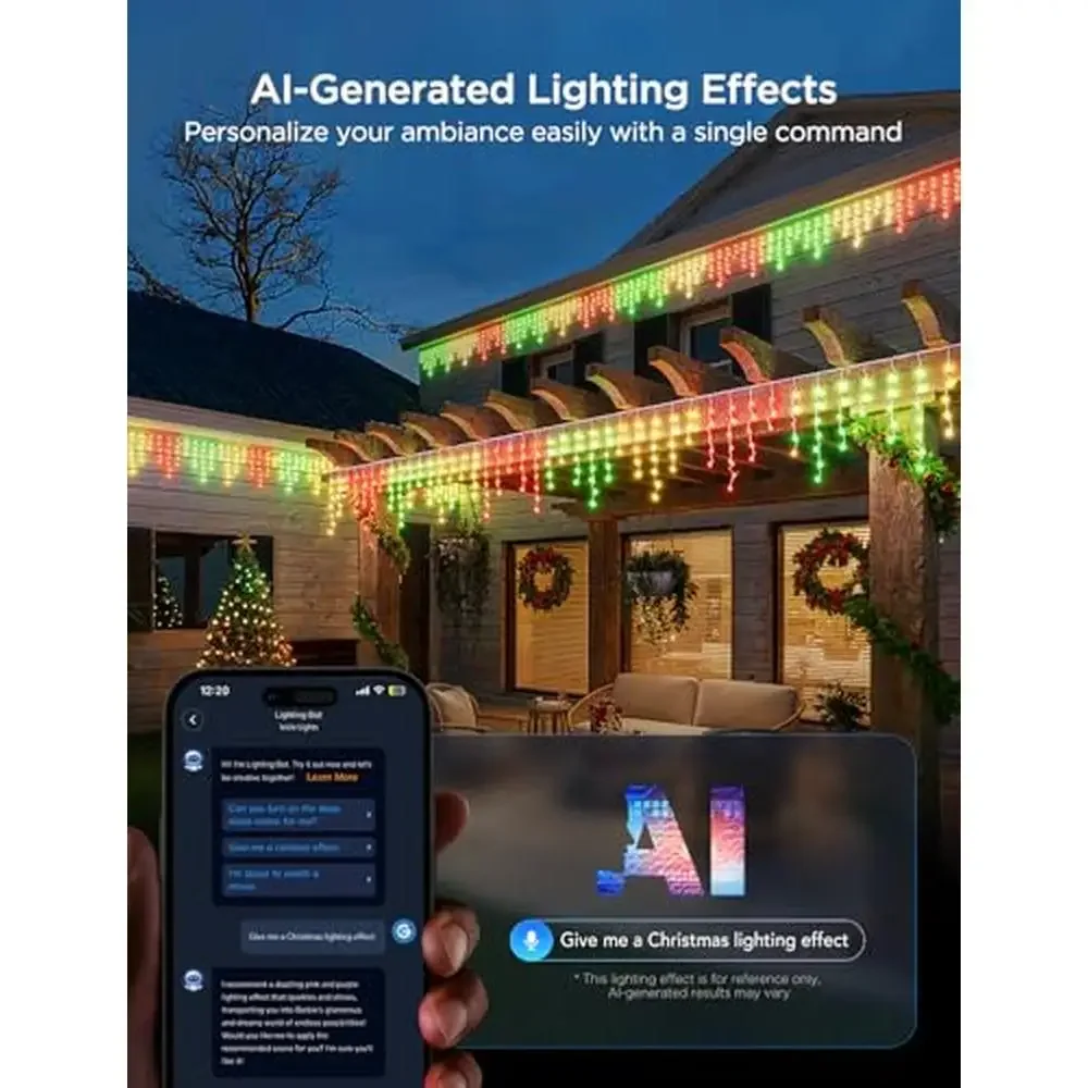 Outdoor Smart RGBIC Icicle Lights 33ft with 400 LEDs AI Light Show 78  Scene Modes IP65 Waterproof Smart Home Integration