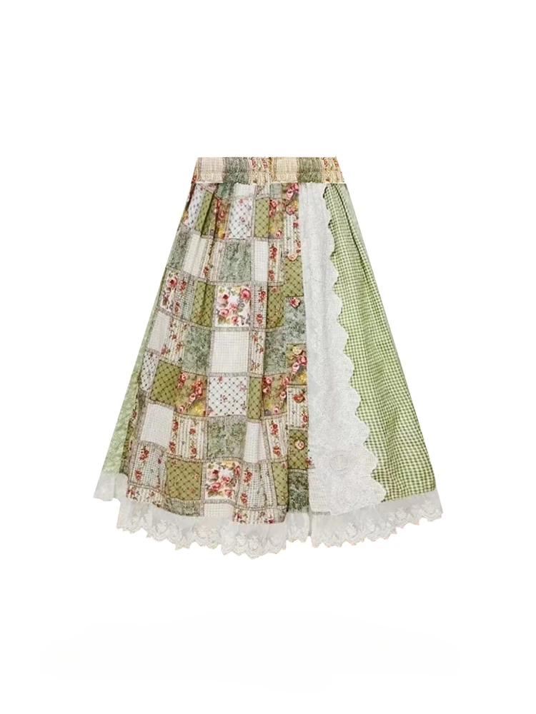 Spring and Autumn Forest Literary Style Floral Printed Skirts Women's Spliced Lace Plaid Age-reducing Mid-length A-line Skirt