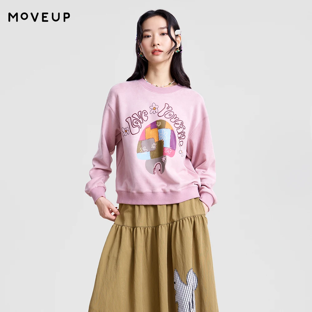 

Свитшот MOVEUP с круглым вырезом и длинными рукавами, весна 2026, новинка, с ребристым воротом, принтом в виде мультяшных букв и грибов, повседневный топ 3ELC11421